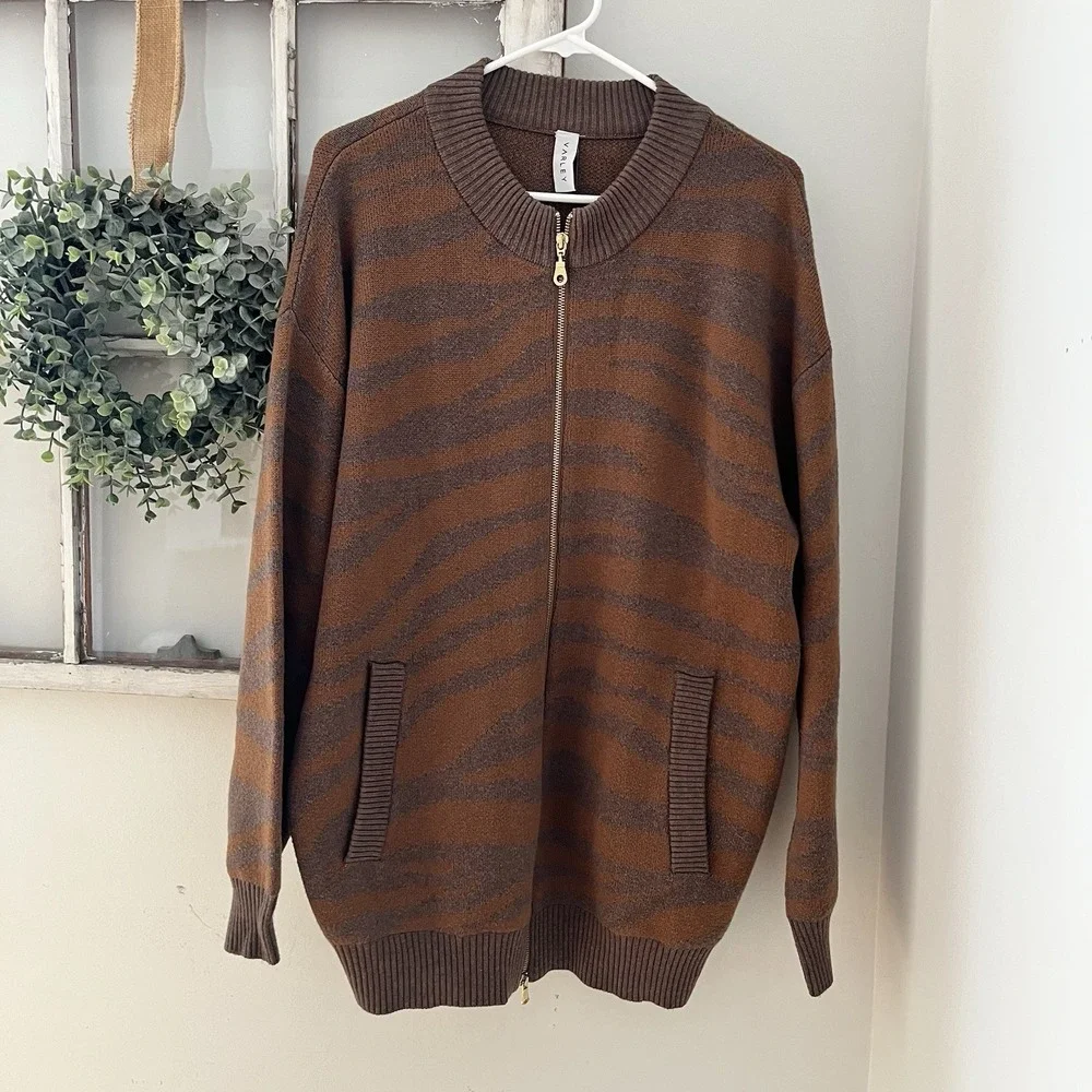 Varley Mayberry Wool zebra print zip front knit cardigan Brown Motif Size M‎